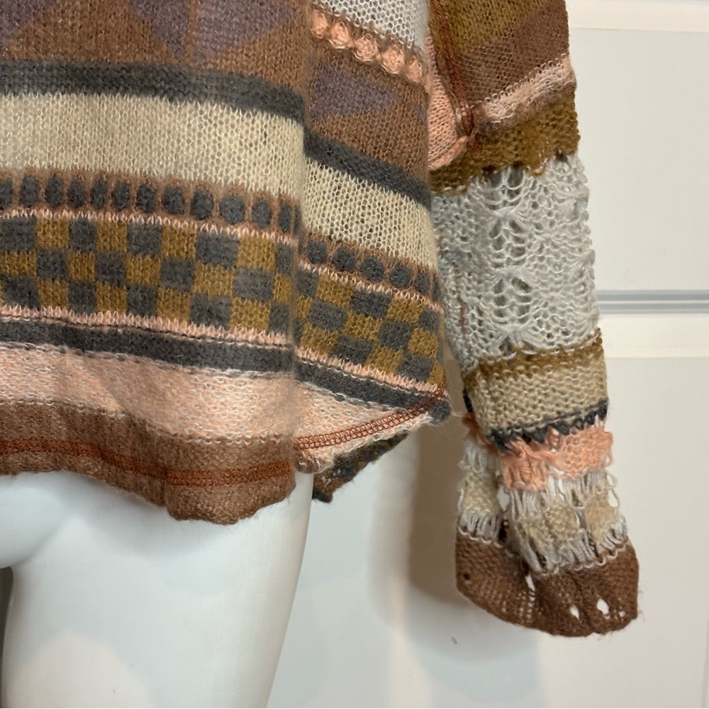 Free People December Skies Muted Pink Tan Gray Open Knit Poncho Sweater S - Picture 6 of 12